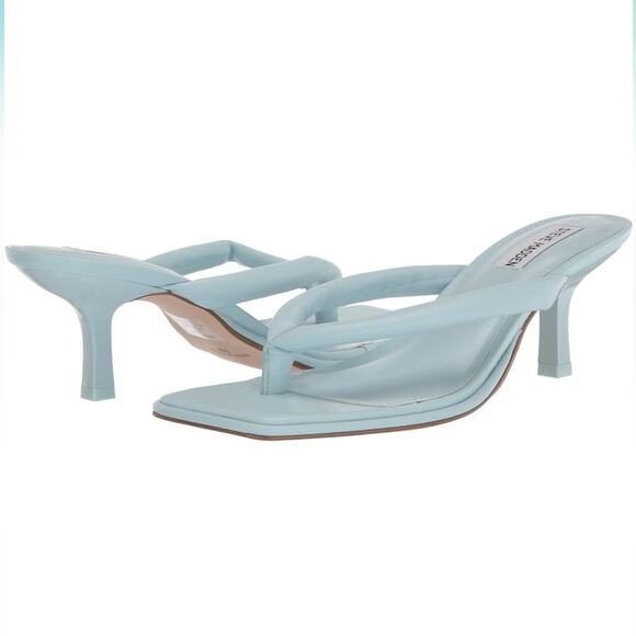 Steve Madden Women's Moxxi Heeled Square Open Toe Slip On Sandal Light Blue 9.5 - Picture 1 of 11